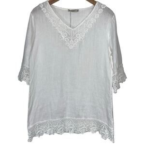 NWT Marina Gigli Made in Italy White Linen Crochet Lace Trim Tunic Top Size M